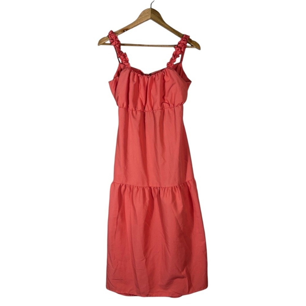 Style House Tie Back Solid Midi Dress Coral Pink Cottagecore Ruffle Strap Size L